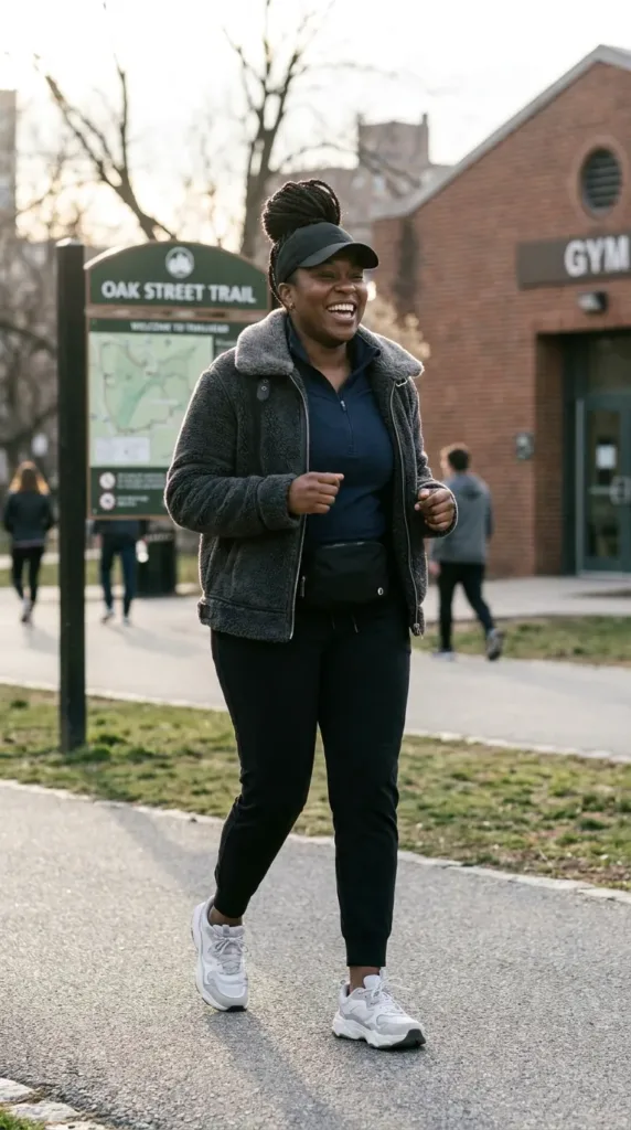 Plus-size woman in a charcoal faux shearling jacket, joggers and chunky sneakers on a park path
