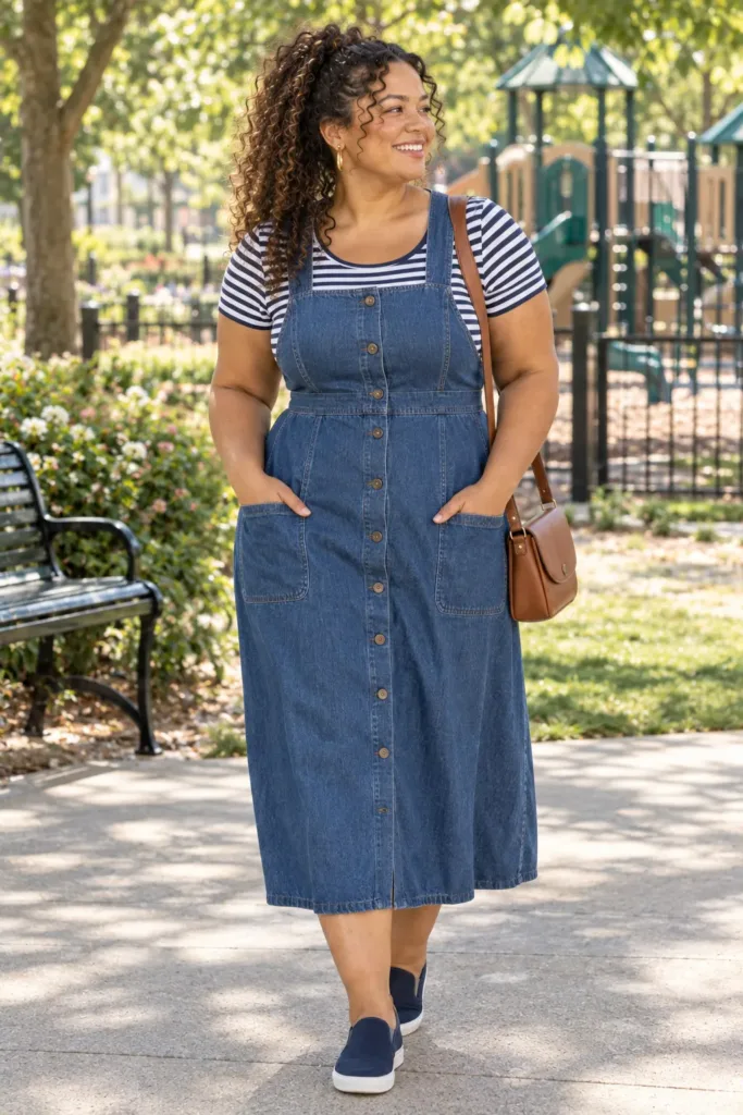 Curvy woman in a denim pinafore sundress with striped tee at a sunny neighborhood park