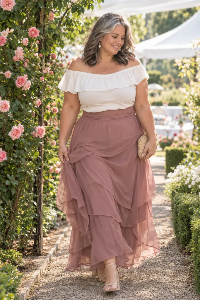 Plus size dusty rose chiffon long skirt with off-shoulder top at a garden party