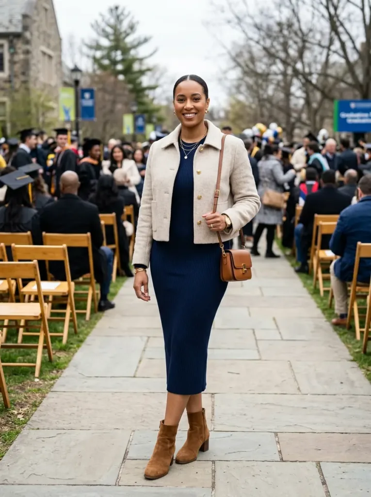Plus size long sleeve dress with cropped coat for a chilly outdoor spring event