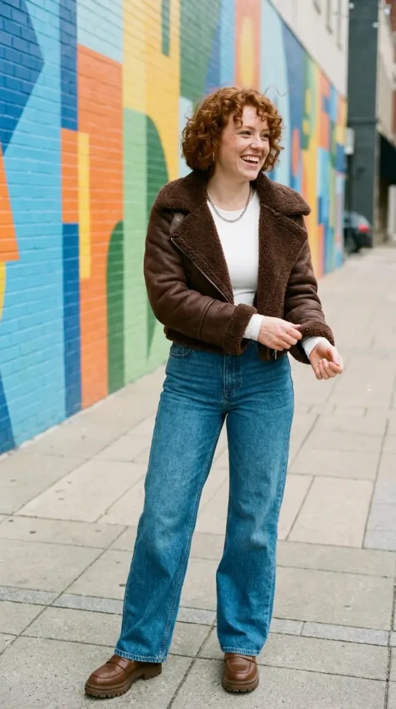 Plus-size woman wearing a cropped brown faux shearling jacket with wide-leg jeans and loafers