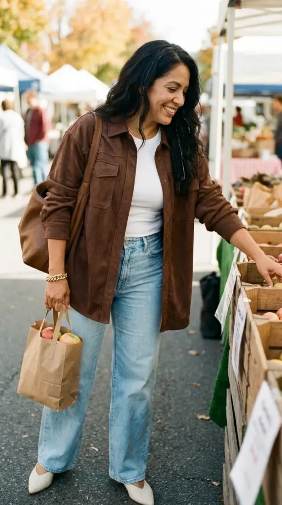 Midsize woman in a brown faux-suede oversized shacket and wide-leg jeans at a fall farmers market