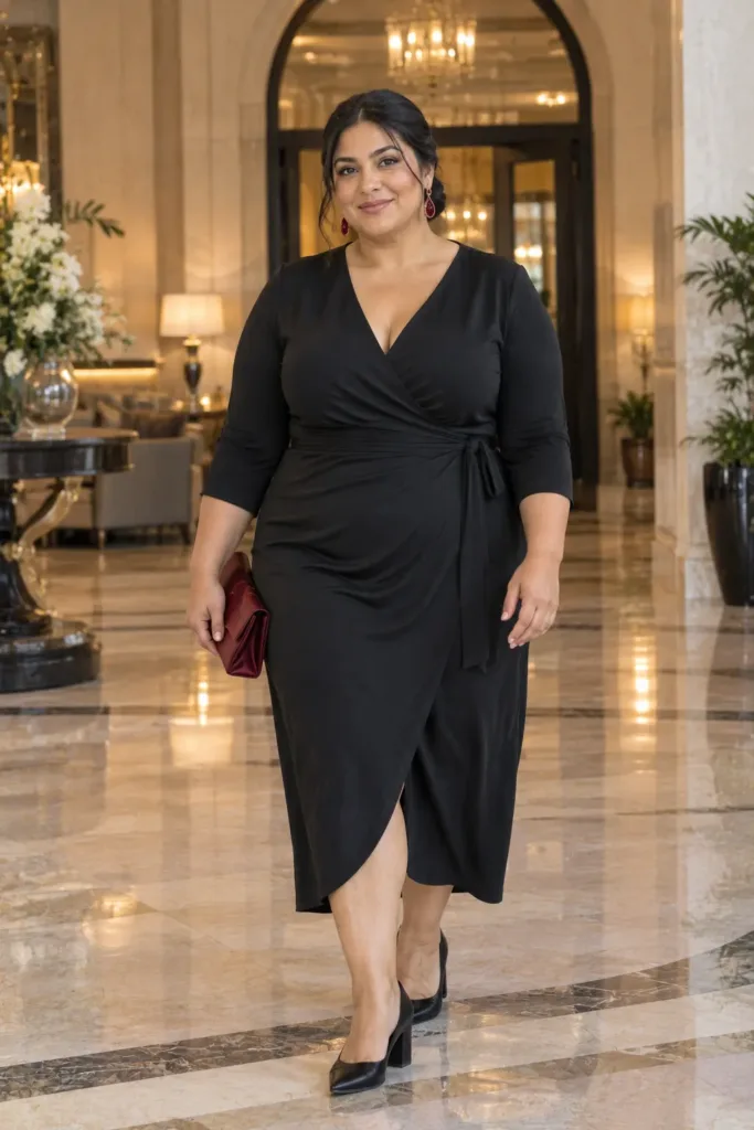 Plus size girl in a black wrap midi dress with ruby earrings for a hoco dance