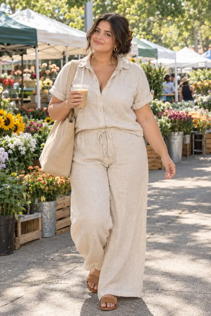 Plus size woman in oat linen shirt and wide-leg pants, a clean aesthetic summer outfit