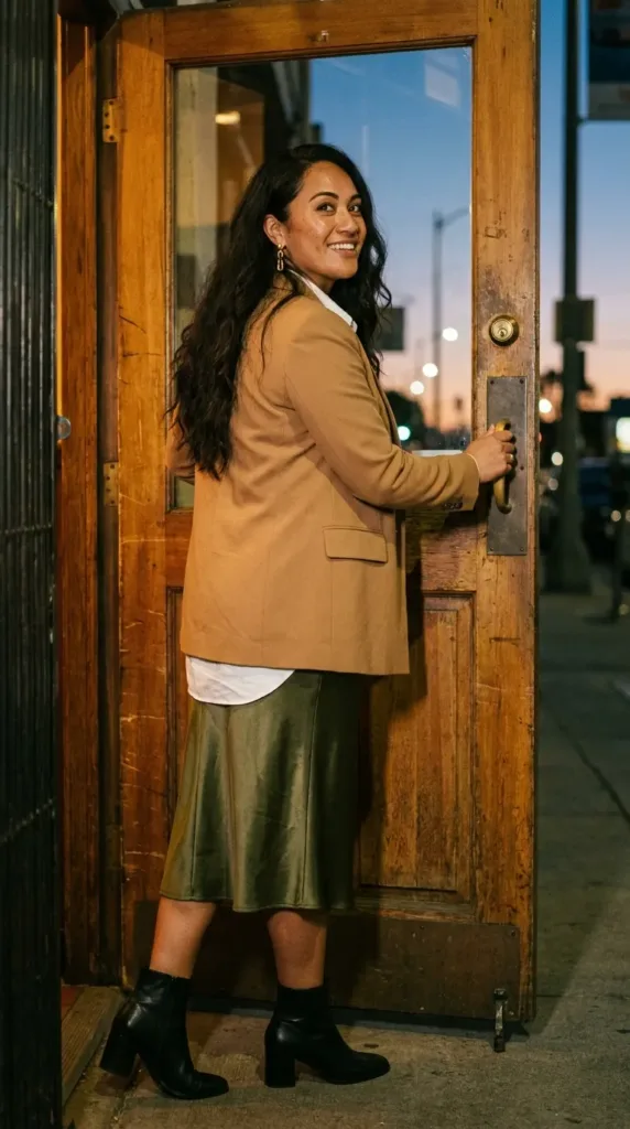 10 Fall Capsule Outfits for Midsize and Plus-Size Women 10 Plus-size woman in camel blazer, white shirt and olive satin skirt for a fall capsule wardrobe dinner outfit