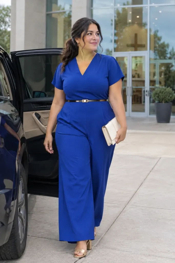 Plus size woman in a cobalt blue wide-leg jumpsuit and gold sandals outside a modern church