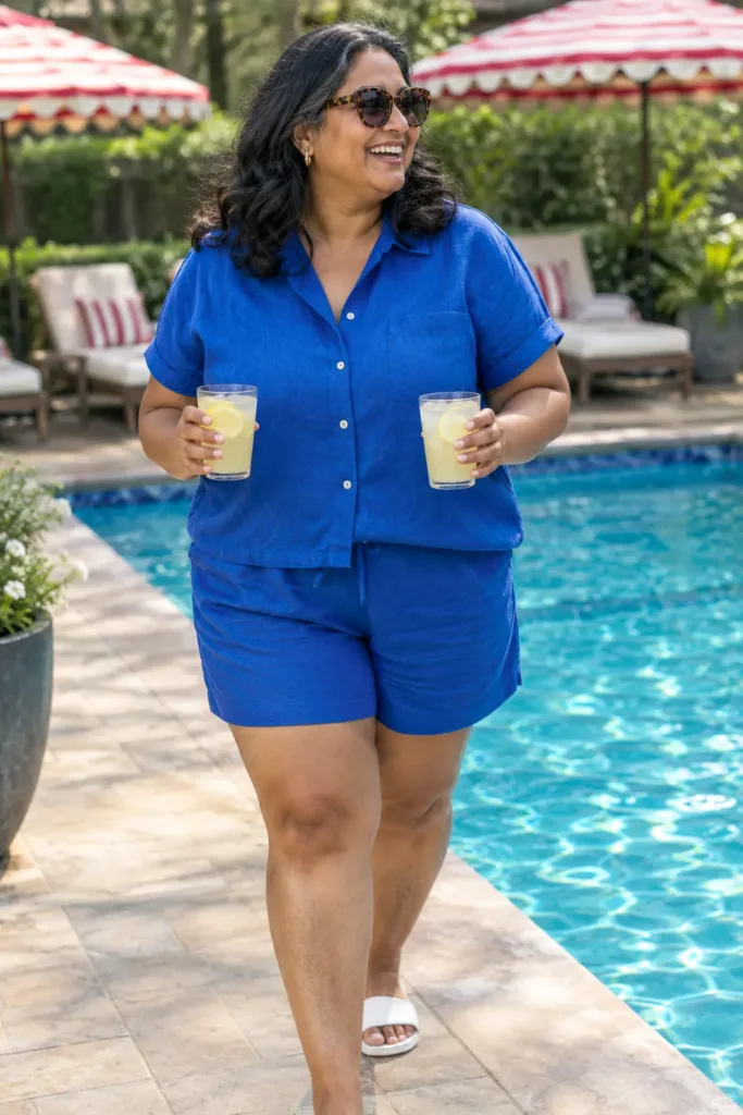 Plus size woman in a cobalt shirt and shorts set at a Memorial Day pool party