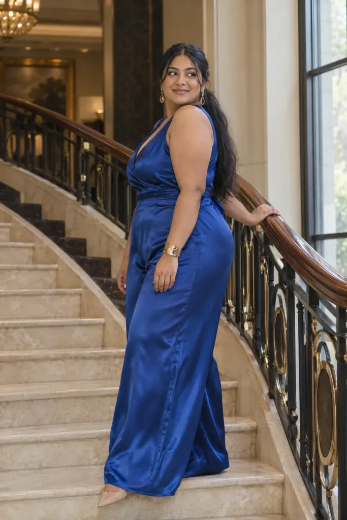 Plus size hoco outfit ideas featuring a cobalt blue satin wide-leg jumpsuit
