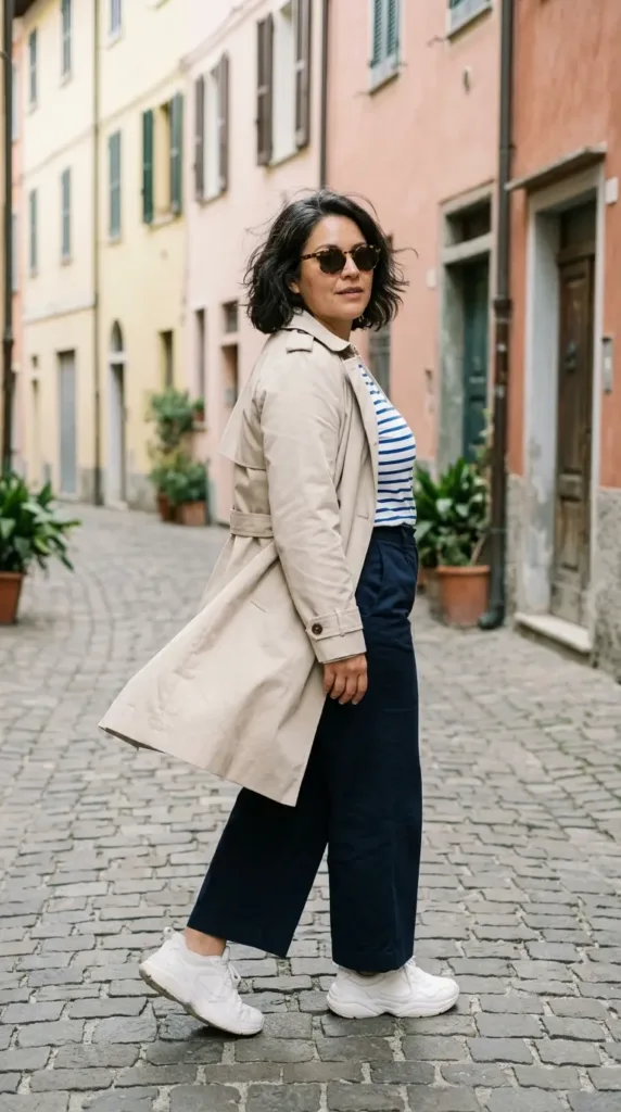 Curvy woman in navy wide-leg quick dry travel pants, striped top and trench coat walking a cobblestone street