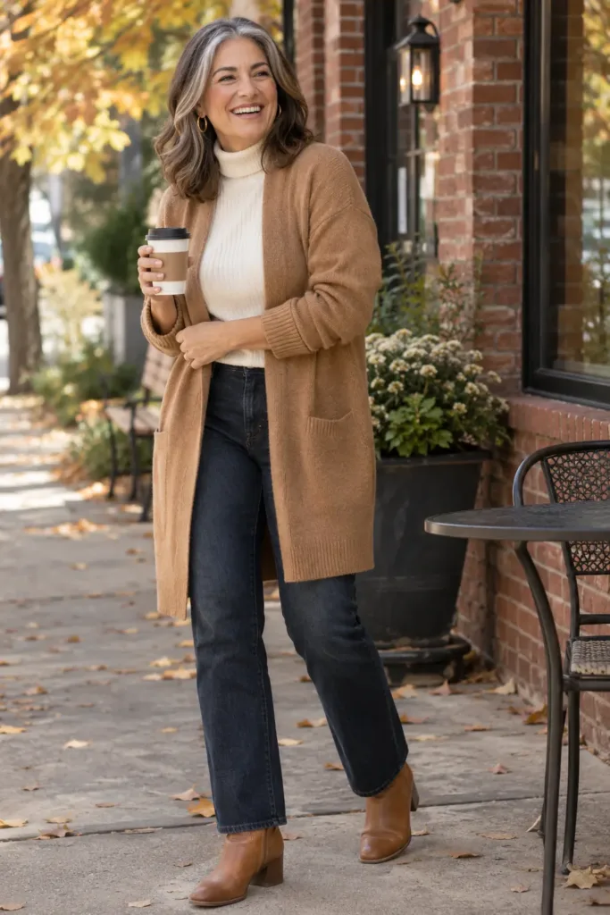 Woman over 50 wearing camel cardigan