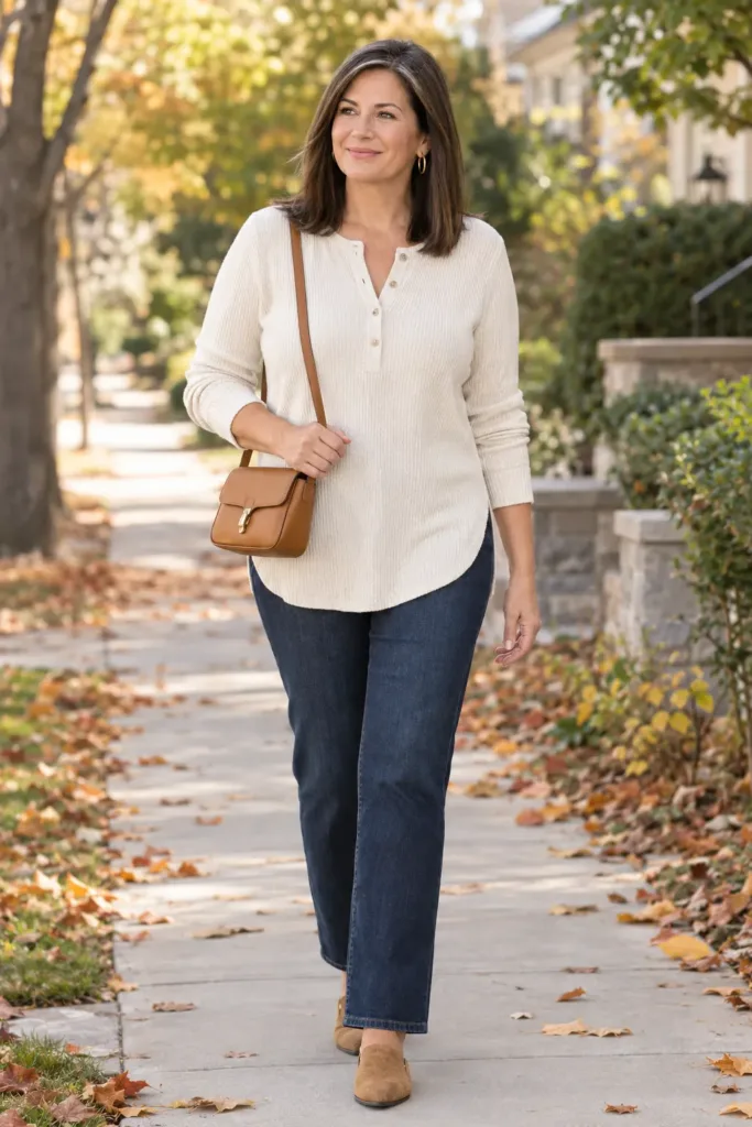 10 Fall Outfits That Flatter a Tummy Over 50 and Easy Styling Ideas for Women 2 cream henley tunic and straight-leg jeans