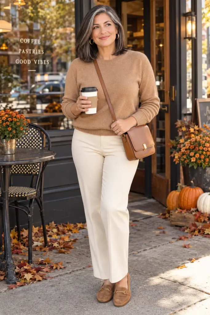camel cashmere sweater and cream pants