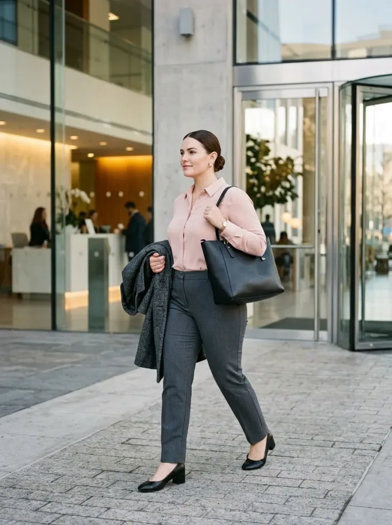 Plus size wool coat outfit for a cold commute into a warm office
