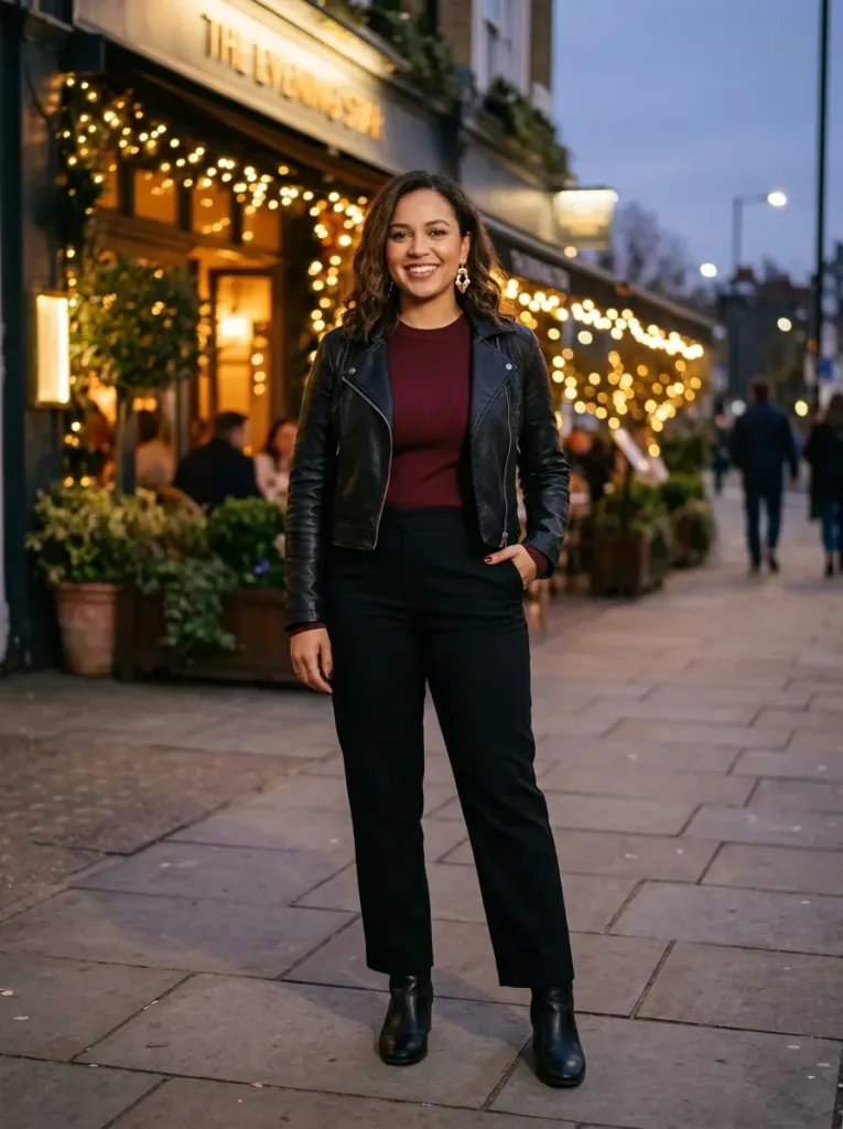 Plus size cropped jacket outfit for a cold spring evening date night