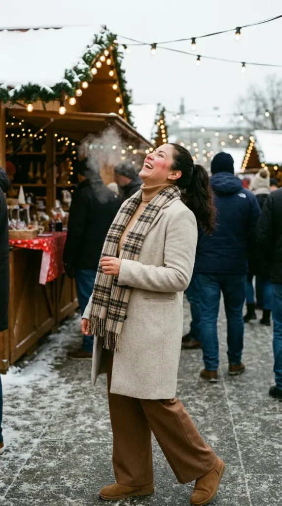 Woman in a camel merino turtleneck and wide-leg trousers on a winter city break in wrinkle-resistant travel tops
