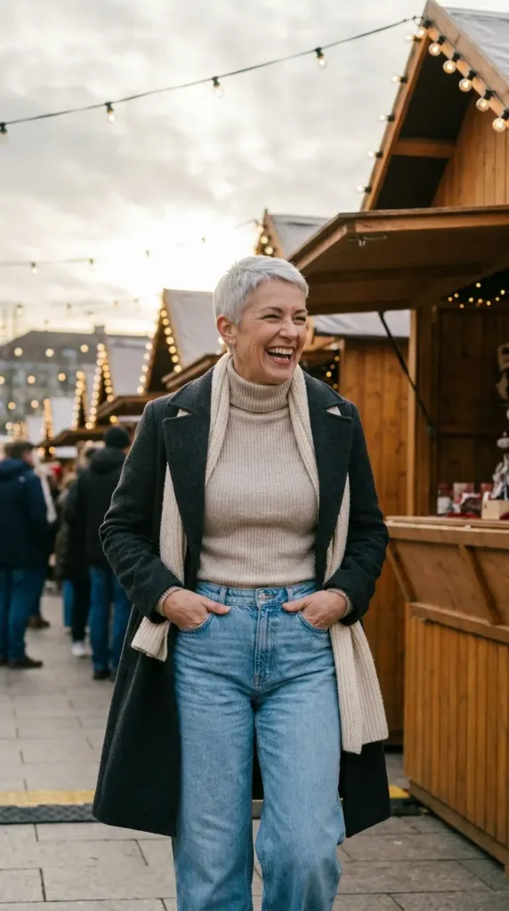 Woman in an oatmeal turtleneck bodysuit, wide-leg jeans and a charcoal wool coat