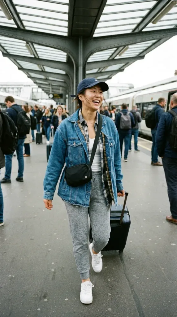 Curvy woman in a cool blue oversized denim shacket with gray joggers and white sneakers at a train station