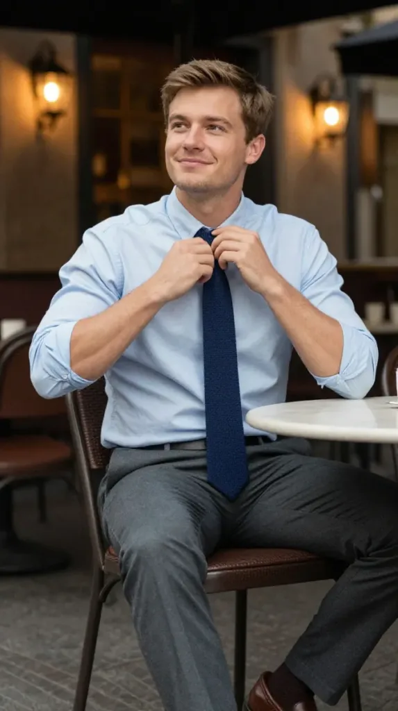 Man in light blue oxford shirt and grey trousers, a classic hoco outfit for men