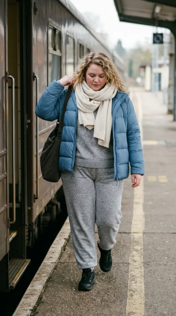 Woman wearing a cool blue packable puffer jacket over a gray knit set at a train station