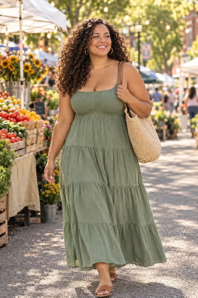 Plus size woman in a sage green tiered maxi sundress with straw tote at a summer farmers market