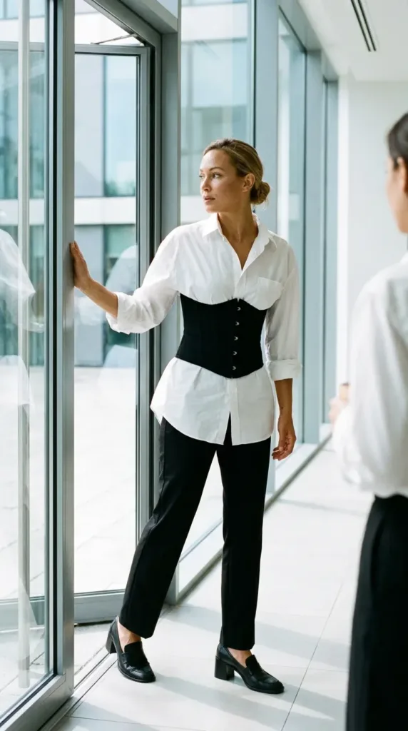 10 Corset Outfit Ideas That Look Expensive on Curvy Women 7 Plus-size woman in black corset belt over white button-down shirt and trousers in an office lobby