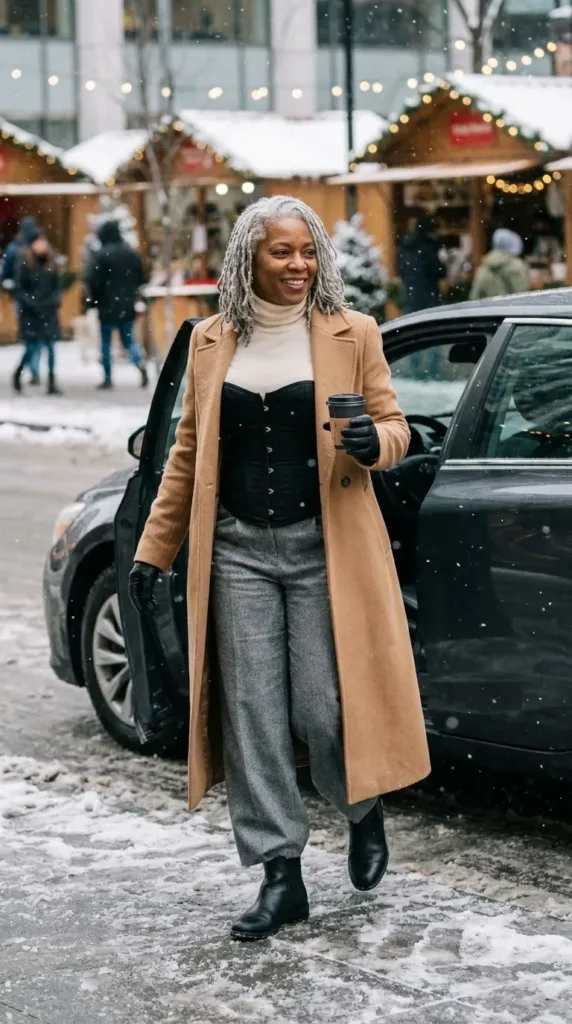10 Corset Outfit Ideas That Look Expensive on Curvy Women 11 Woman in black corset over cream turtleneck with gray wool trousers and camel coat in winter