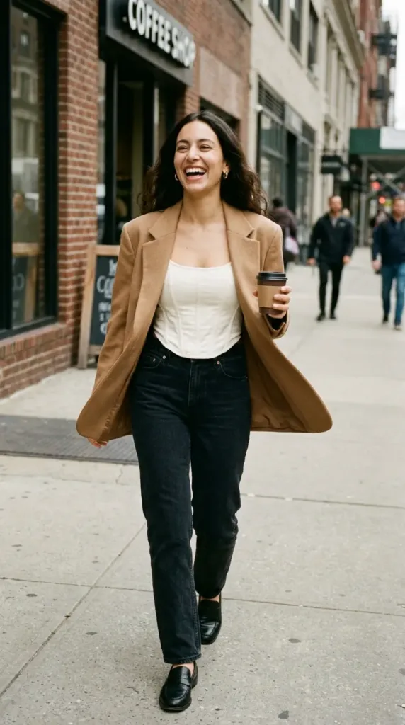 10 Corset Outfit Ideas That Look Expensive on Curvy Women 3 Plus-size woman in ivory corset top, straight-leg jeans and camel blazer on a city sidewalk