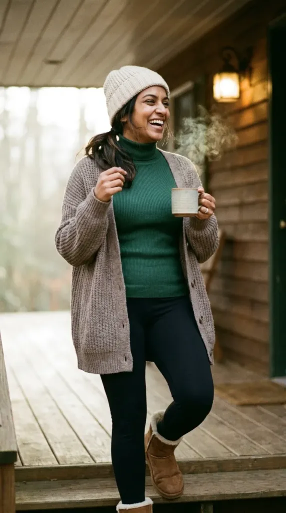 Woman in a green turtleneck bodysuit, leggings and a long taupe cardigan