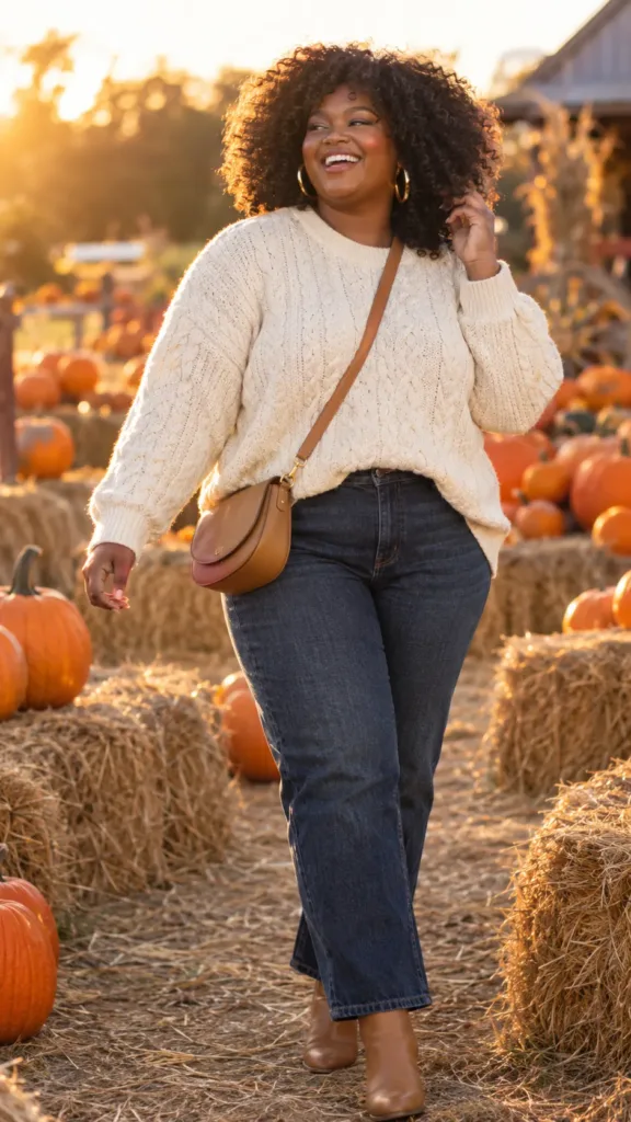 Curvy woman in cream cable-knit sweater and straight-leg jeans at a pumpkin patch, a casual autumn outfit