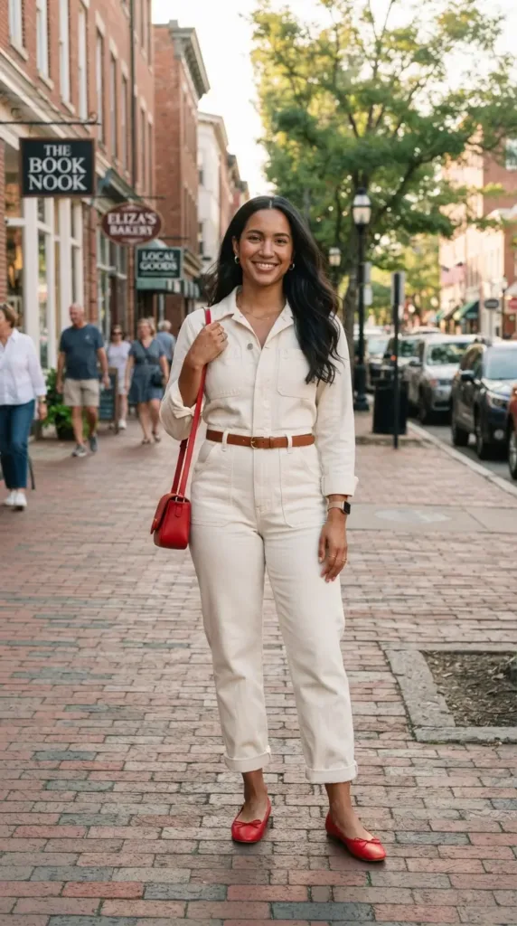 Plus-size woman in a cream denim jumpsuit with red ballet flats and a matching bag