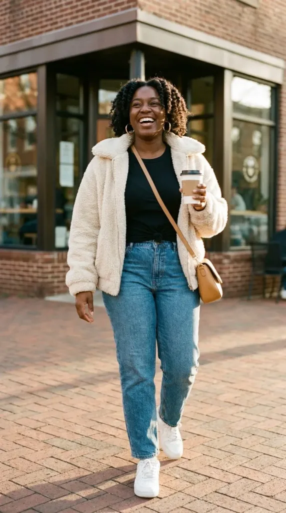 Woman in a cream faux shearling jacket, straight-leg jeans and white sneakers holding a coffee