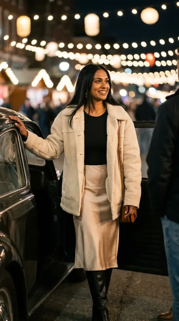 Curvy woman in a cream Sherpa-lined shacket and satin slip skirt with knee-high boots at a holiday market