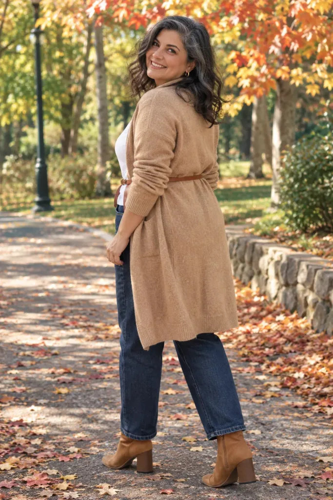 7 Brilliant Fashion Tips for Women Over 50 From a Real Stylist 6 Woman over 50 with a belted cardigan and half-tucked tee defining her waist outdoors
