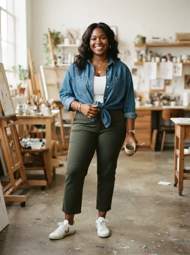 Plus size creative studio outfit with a tied denim shirt for casual spring work