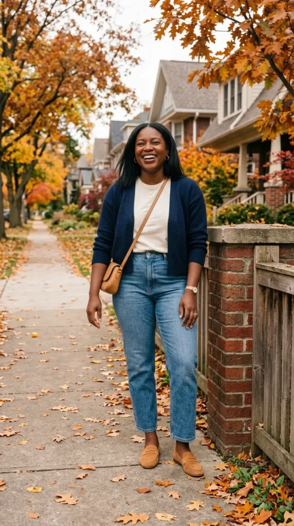 Midsize petite woman in cropped mid-wash straight jeans, cream tee, navy cardigan, and tan suede loafers