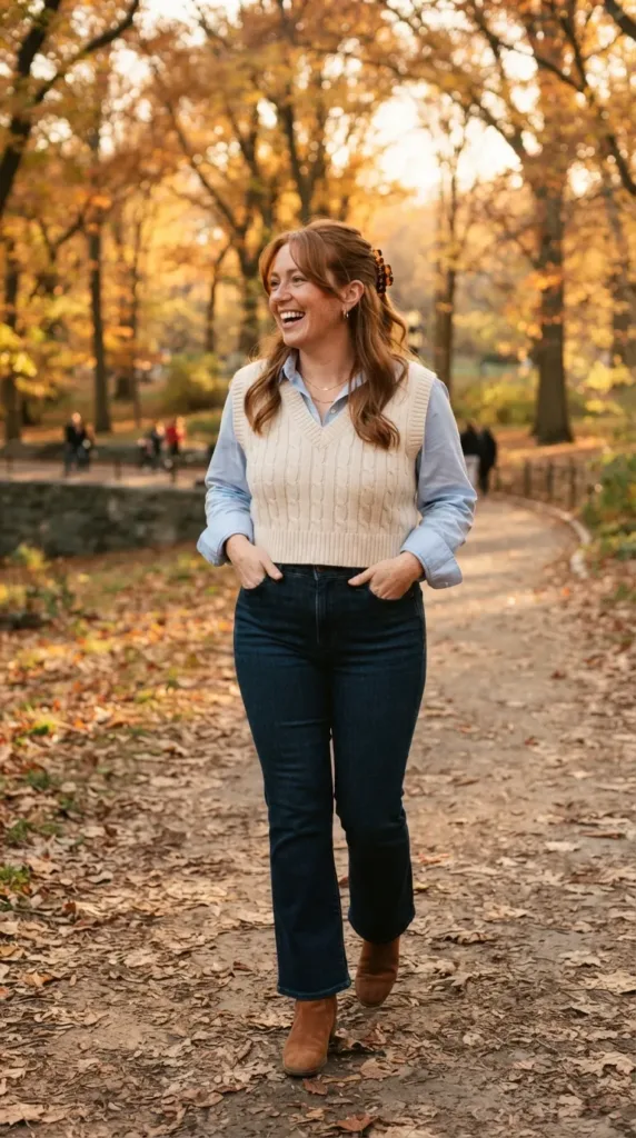 Petite curvy woman in a cream cropped sweater vest, blue shirt, and dark kick-flare jeans with cognac boots