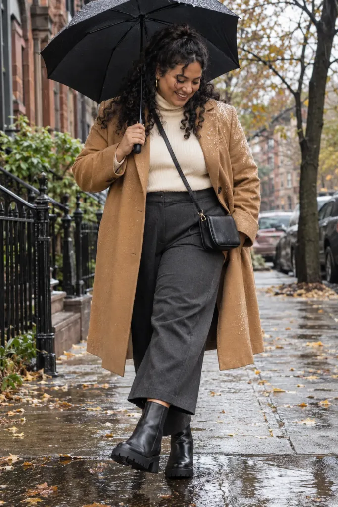 Curvy woman in cropped wide-leg trousers and camel coat stepping over a puddle on her way to work