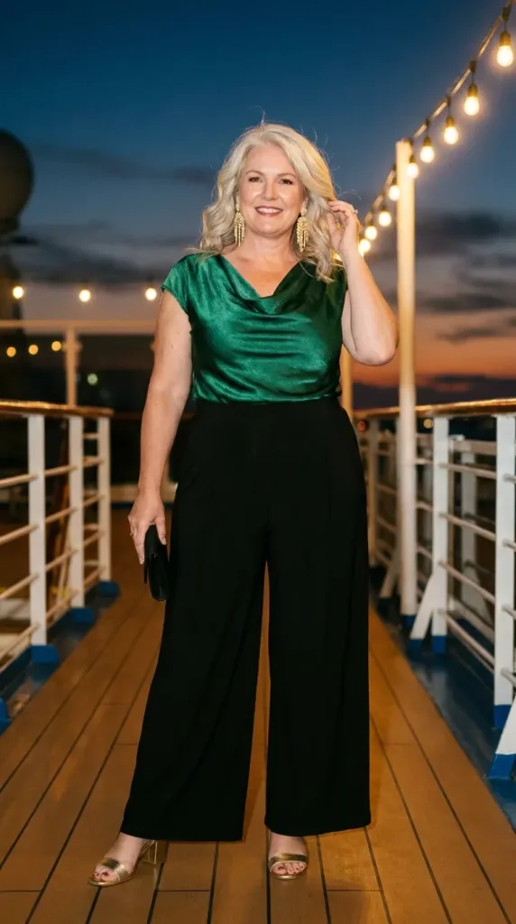 Woman in an emerald satin-finish cowl blouse and palazzo pants dressed for a cruise dinner