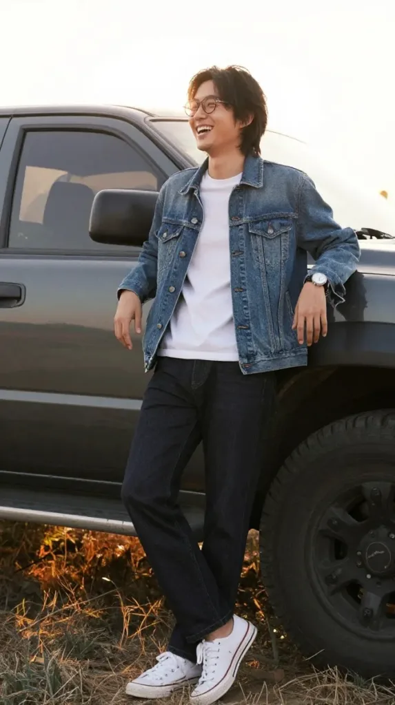 Man in dark straight jeans and denim jacket, an easy casual hoco outfit for men