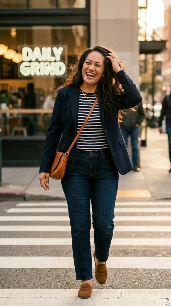 Dark straight jeans with a navy blazer for business casual Friday, styled for women over 50