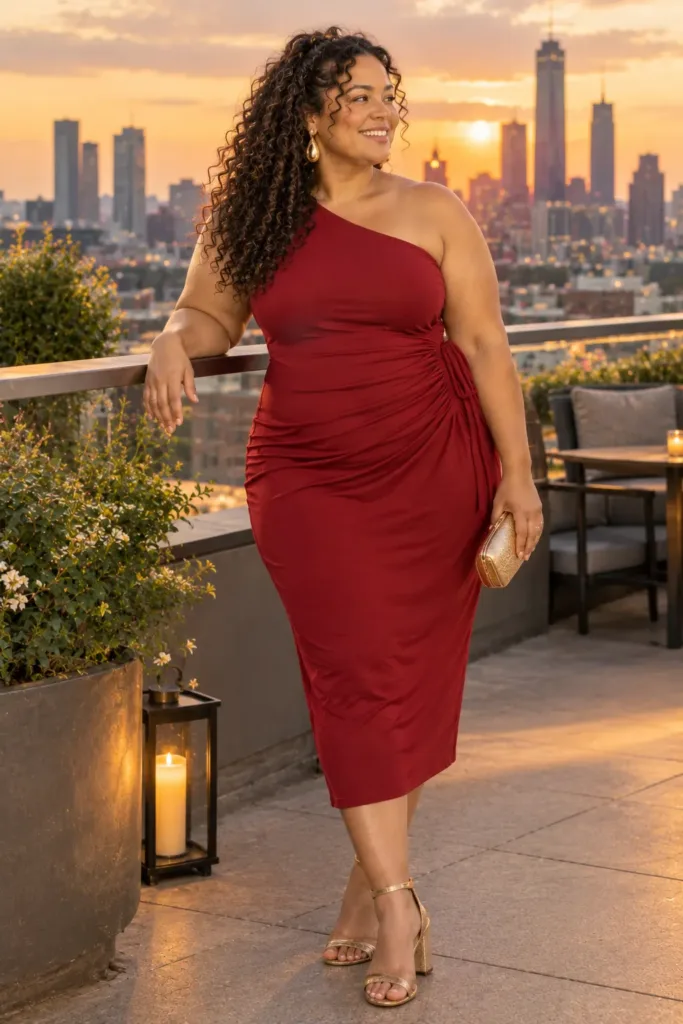 Plus size woman in a cherry red one-shoulder sundress with gold sandals at a rooftop date night