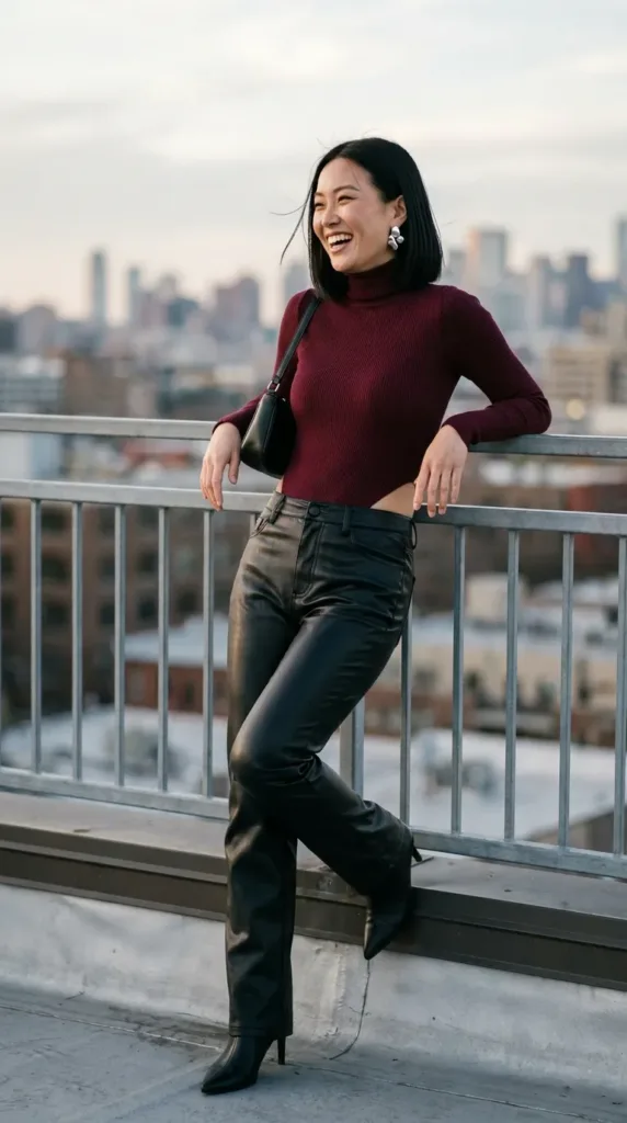 Plus-size woman in a burgundy turtleneck bodysuit with black faux-leather pants