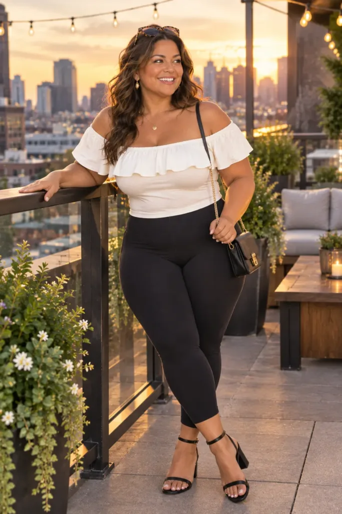 Curvy woman in an ivory off-shoulder top and black leggings for a summer date night