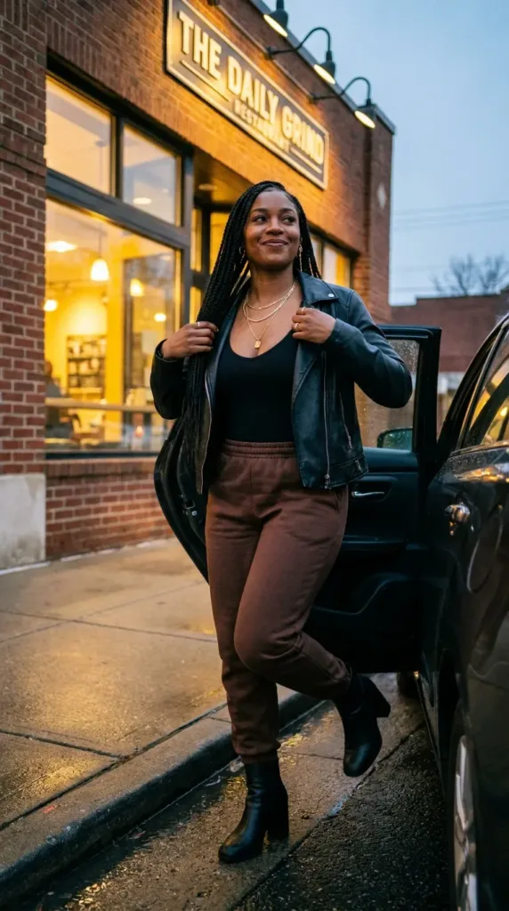 Chocolate brown sweatpants outfit with a leather moto jacket and ankle boots for date night