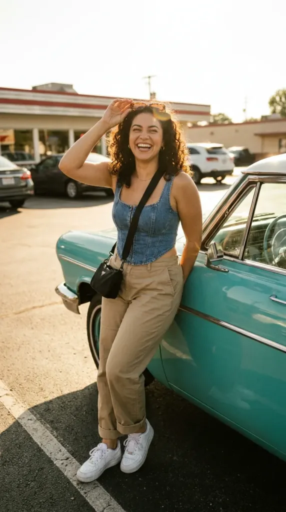 10 Corset Outfit Ideas That Look Expensive on Curvy Women 8 Woman in denim corset top and khaki pants with sneakers at a retro diner, 90s-inspired corset outfit