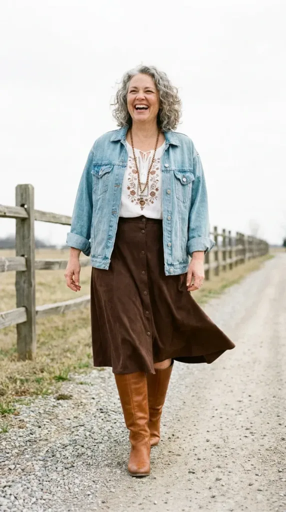 Curvy woman in denim jacket, peasant blouse and suede midi skirt, a Boho western outfit for a county fair