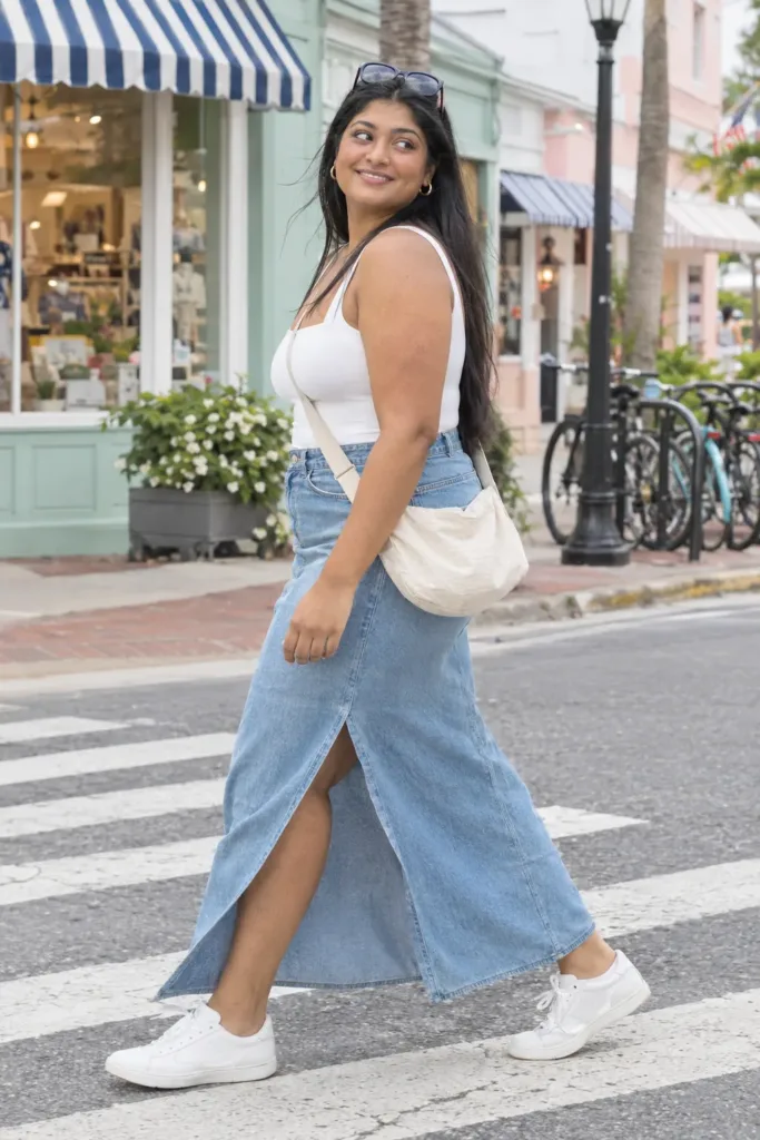 Plus size denim maxi skirt outfit with white bodysuit and sneakers on a beach town street