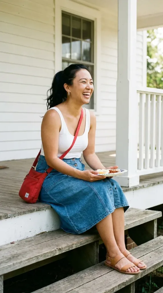 Woman in denim midi skirt and white bodysuit on a porch for a Memorial Day picnic outfit