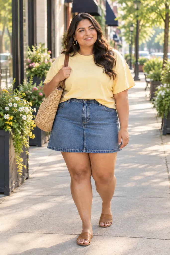 Plus size summer mini skirt outfit with a denim A-line mini, yellow tee, and tan slides