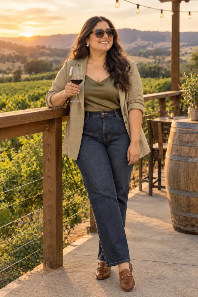 Curvy woman in a khaki blazer and dark jeans, a layered plus size winery outfit for cool evenings